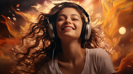 beautiful girl in big headphones smiles. hair flutters in the wind