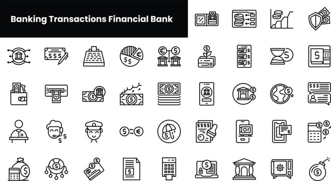 Set of outline banking transactions financial bank icons
