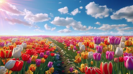A field of vibrant tulips in full bloom, each flower standing tall in a riot of colors, a living...
