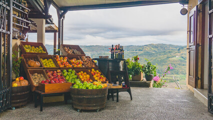 Open air little fruit shop in the middle of the mountains