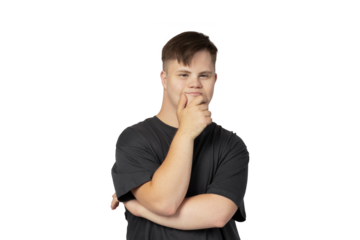 PNG,smiling young man with down syndrome in black t-shirt thinking,isolated on white background