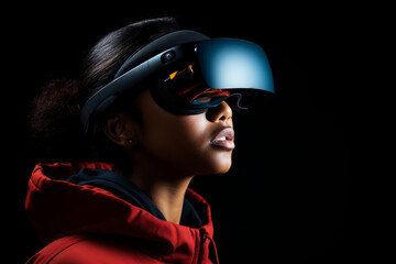  African American girl wearing virtual reality glasses on a black background. Gaming and futuristic entertainment concept.  - obrazy, fototapety, plakaty