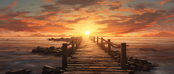 The small wooden bridge over the beach in a sunset