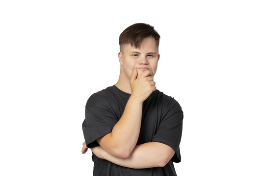 PNG,smiling young man with down syndrome in black t-shirt thinking,isolated on white background