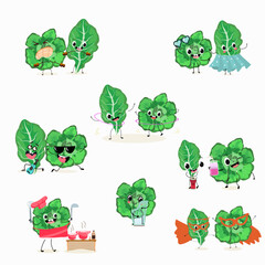 Vector set of funny fresh vegetarian ute spinach character on a white background. Healthy food. 
Vegetarianism. Lettuce leaves. Sorrel. Characters doing sports, playing musical instruments.