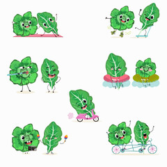 Obraz premium Vector set of funny fresh vegetarian ute spinach character on a white background. Healthy food. Vegetarianism. Lettuce leaves. Sorrel. Characters doing sports, playing musical instruments.
