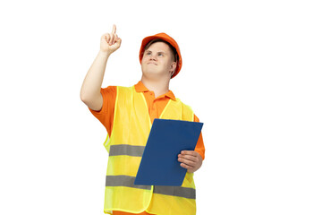 PNG, boy with down syndrome in work uniform with hard hat on his head, isolated on white background