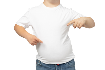 PNG,smiling young man with down syndrome in a white t-shirt poses for the camera,isolated on white background