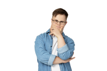 PNG,smiling young man with down syndrome in glasses, jeans and white t-shirt posing for camera,isolated on white background