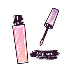 Hand-drawn lip gloss, liquid lipstick or liquid eye shadow, beauty cosmetic element, self care. Illustration for beauty salon, cosmetic store, makeup design. Doodle sketch style.