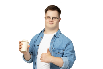 PNG,smiling young man with down syndrome wearing glasses with a cup of coffee in his hand,isolated on white background
