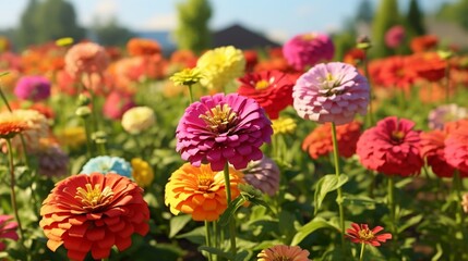 A field of vibrant zinnias in various shades and sizes, creating a lively and cheerful display of natural diversity. - obrazy, fototapety, plakaty