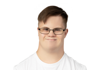 PNG,smiling young man with down syndrome in a white t-shirt poses for the camera,isolated on white background