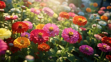 A field of vibrant zinnias in various shades and sizes, creating a lively and cheerful display of natural diversity.