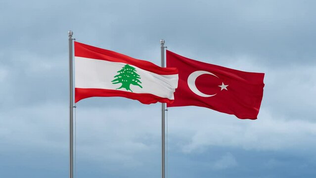 Republic of Turkey and Lebanon flag waving together on cloudy sky, endless seamless loop, two country cooperation concept