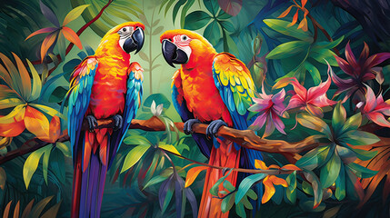 Stylized vibrant plumage of parrots in a tropical background AI generative	