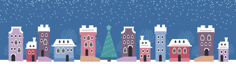 Fototapeta premium Cute Christmas and winter houses. Snowy night in cozy Christmas town city panorama. Winter village night landscape Christmas outdoor decorations.
