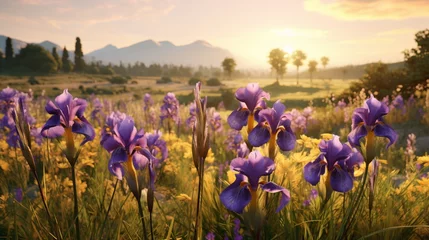 Zelfklevend Fotobehang A field of wild irises, their striking purple and yellow blossoms adding a touch of elegance to a countryside landscape. © rehman