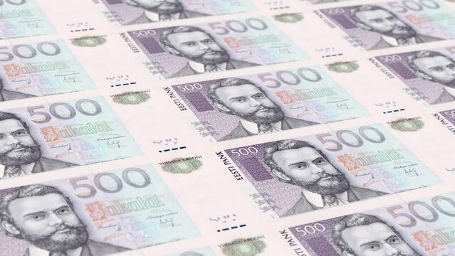 Estonia Estonian Kroon 500 Banknotes Money Printing House, Printing Five Hundred Estonian Kroon, Printing Press Machine Print out Estonian Kroon, Being printed by currency press machine 500 Estonian