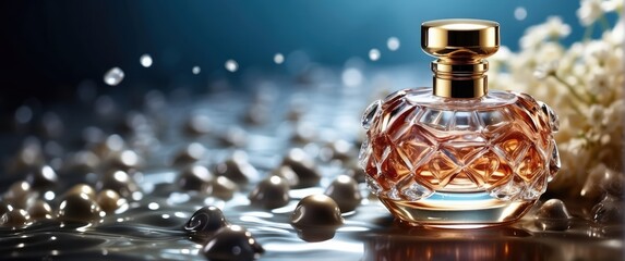 Luxury jewelry perfume still life picture, surrounded by water waves, product promotion - obrazy, fototapety, plakaty