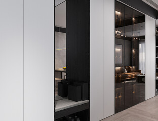 Interior of foyer space with White shoe rack and Black Stool, 3D rendering
