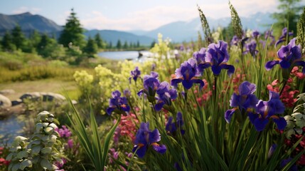 A field of wild irises, their striking purple and yellow blossoms adding a touch of elegance to a countryside landscape.