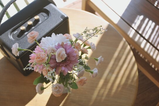 flower vase with beautiful flowers. artificial flowers. decoration interior 
