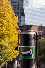 Rotterdam, Netherlands, A ship funnel  in the harbor in the downtown with a Dutch flag