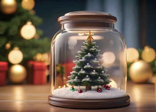 Festive mood with a miniature Christmas tree and snow in a glass jar on a wooden table, generative ai