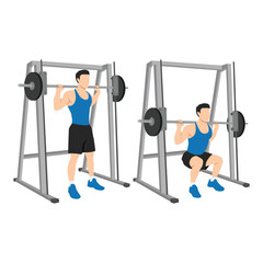Fototapeta premium Man doing smith machine barbell squat exercise. Flat vector illustration isolated on white background