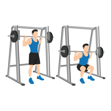 Man doing smith machine barbell squat exercise. Flat vector illustration isolated on white background