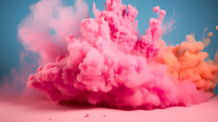 A large colorful powder is falling out of the cloud and exploding on a pink surface