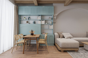 Fototapeta na wymiar Wooden and simple style Dining and Cyan Color Wall Unit next to the window, 3D rendering