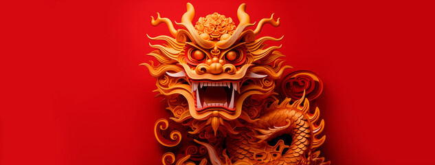 2024 Chinese new year, year of the dragon banner template design with traditional golden Chinese dragon on red background.  - obrazy, fototapety, plakaty
