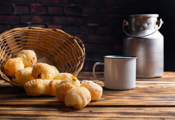 Cheese bread, delicious cheese breads from Brazil on rustic wood, selective focus.