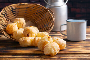 Cheese bread, delicious cheese breads from Brazil on rustic wood, selective focus.