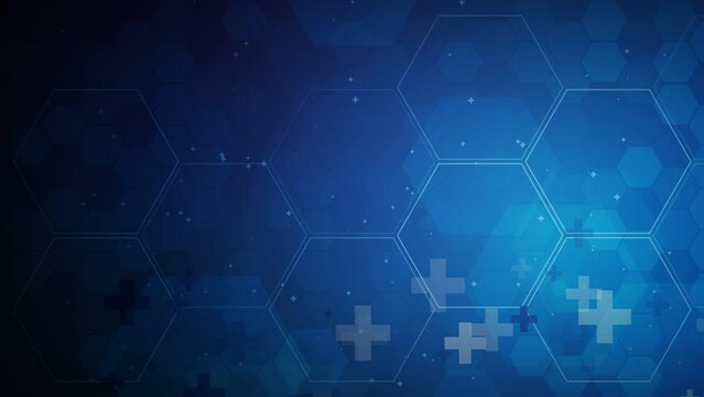 Dark blue background with hexagons and medical crosses. Looped animation of health care.