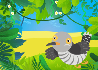 cartoon scene with forest and animal bird cuckoo illustration for children