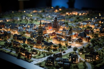 A small cozy city with trees and greenery in the evening in miniature. Generative AI