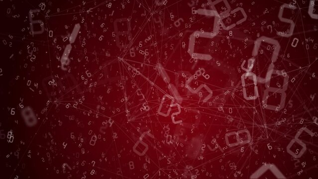 Abstract mathematical animation of numbers flying on a red background with plexus lines. Looped school screensaver.