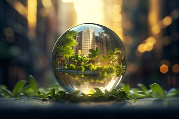 There are green plants inside the glass ball, urbanization and environmental change, urban...