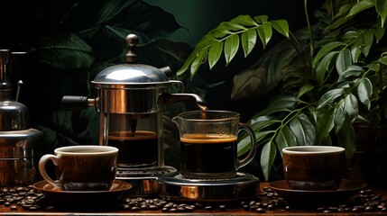 Artisan Coffee Experience with French Press and Freshly Brewed Cups Amidst Lush Greenery