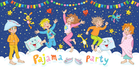 Pajama party. Funny children in pajamas play and jump with toys and pillows. In cartoon style. Banner on a dark blue background with stars and clouds. Vector illustration.
