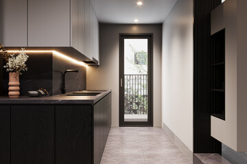 A view of the outside from a panoramic balcony door in the kitchen, 3D rendering