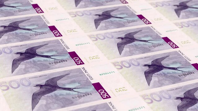 Estonia Estonian Kroon 500 Banknotes Money Printing House, Printing Five Hundred Estonian Kroon, Printing Press Machine Print out Estonian Kroon, Being printed by currency press machine 500 Estonian