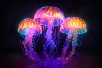 Jellyfish with neon lighting. Underwater world. Aquarium with jellyfish.	