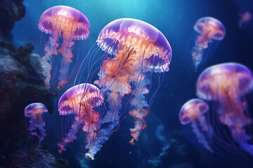 Jellyfish with neon lighting. Underwater world. Aquarium with jellyfish.	