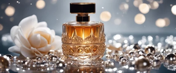 Foto op Plexiglas Luxury jewelry perfume still life picture, surrounded by water waves, product promotion © Reha