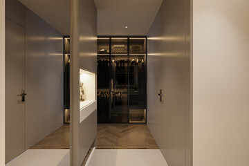 Interior of the modern restroom with separate cabinet and closet for the couple, 3D rendering