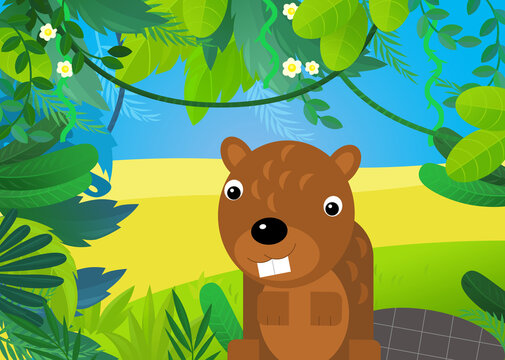 cartoon scene with forest and animal beaver illustration for children
